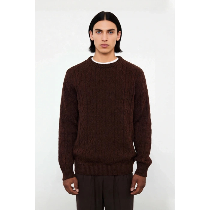 Erkek Regular Kalıp Bisiklet Yaka Dokulu Triko Kahverengi Kazak Kışlık Kombinlerin Başlangıcı