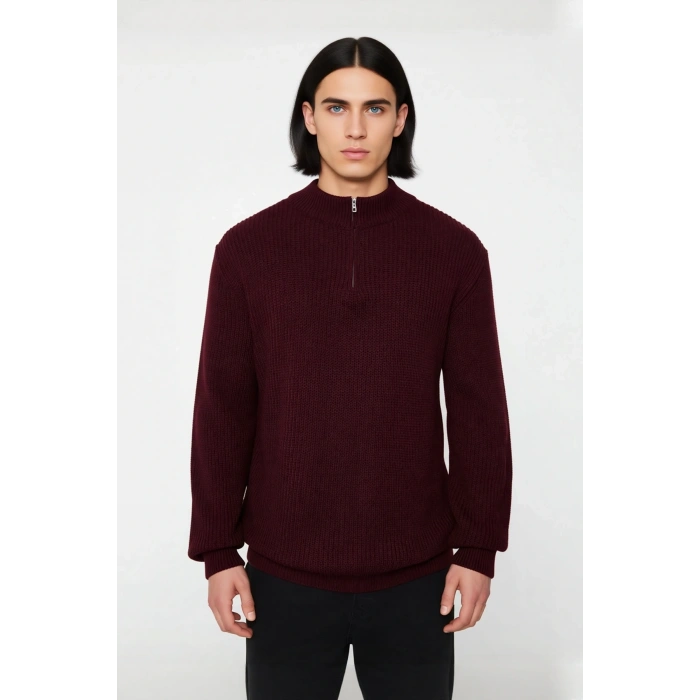 Erkek Regular Kalıp Düz Akrilik Triko Yarım Fermuarlı Dik Yaka Büyük Beden Kazak Kaliteli Şık