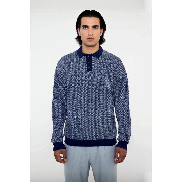 Erkek Regular Kalıp Polo Yaka Dokulu Desenli Uzun Kollu Akrilik Triko Kazak Kış Günleri İçin İdeal