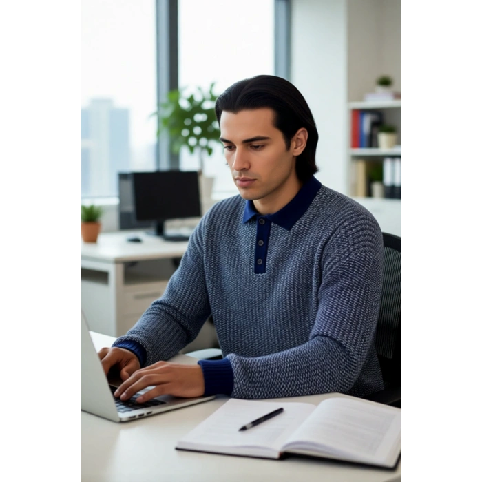 Erkek Regular Kalıp Polo Yaka Dokulu Desenli Uzun Kollu Akrilik Triko Kazak Kış Günleri İçin İdeal