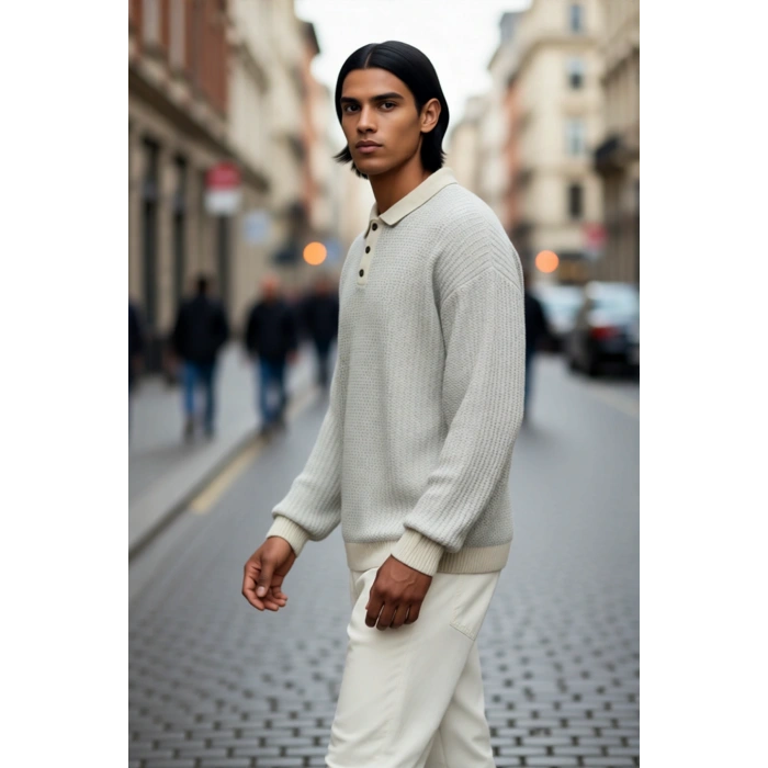 Erkek Regular Kalıp Polo Yaka Dokulu Desenli Uzun Kollu Akrilik Triko Kazak Kış Günleri İçin İdeal