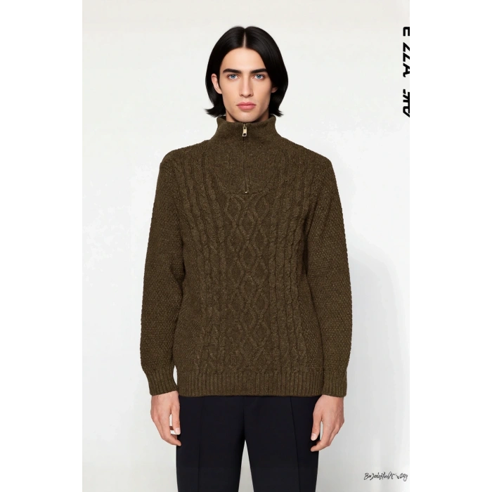 Erkek Regular Kesim Dik Yaka Uzun Kollu Fermuar Detaylı Saç Örgü Triko Kışlık Kazak Kaliteli