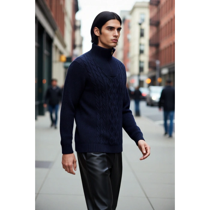 Erkek Regular Kesim Dik Yaka Uzun Kollu Fermuar Detaylı Saç Örgü Triko Kışlık Kazak Kaliteli