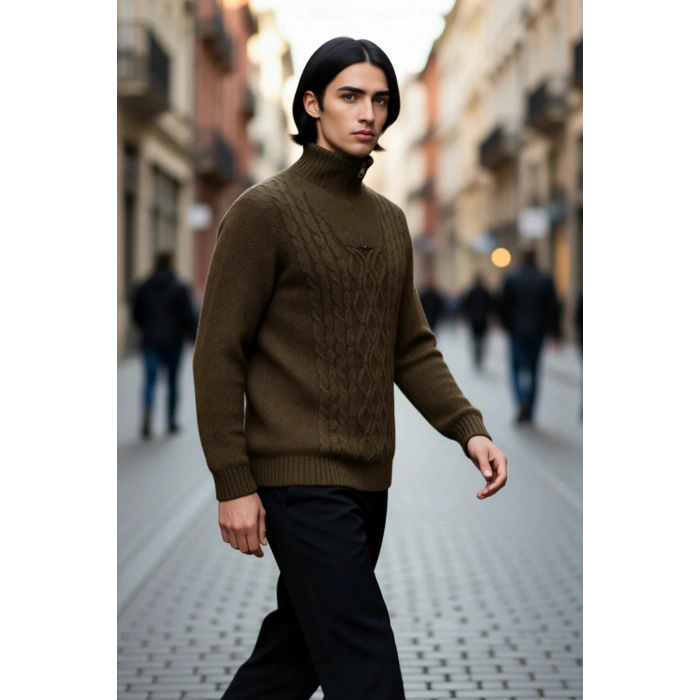 Erkek Regular Kesim Dik Yaka Uzun Kollu Fermuar Detaylı Saç Örgü Triko Kışlık Kazak Kaliteli