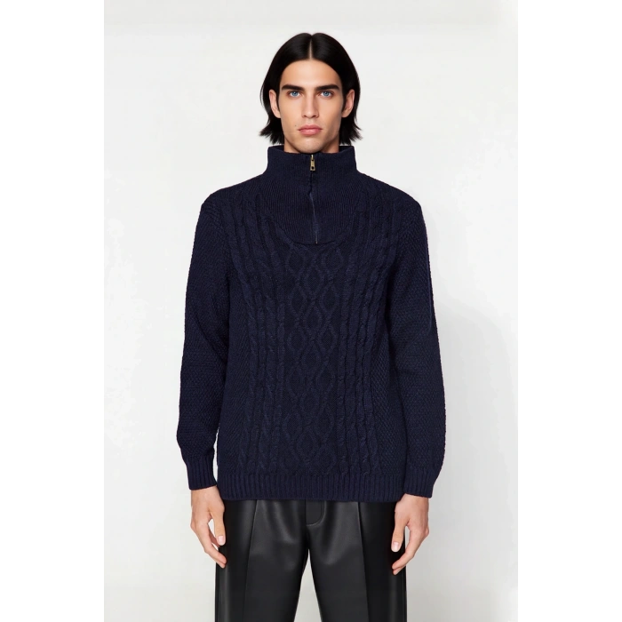 Erkek Regular Kesim Dik Yaka Uzun Kollu Fermuar Detaylı Saç Örgü Triko Kışlık Kazak Kaliteli