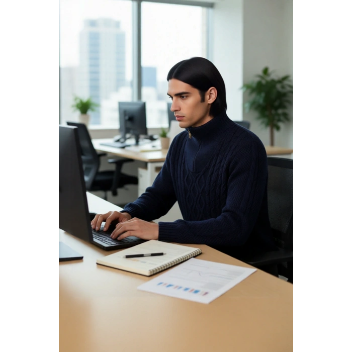 Erkek Regular Kesim Dik Yaka Uzun Kollu Fermuar Detaylı Saç Örgü Triko Kışlık Kazak Kaliteli