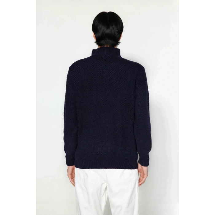 Erkek Regular Kesim Dik Yaka Uzun Kollu Fermuar Detaylı Saç Örgü Triko Kışlık Kazak Kaliteli