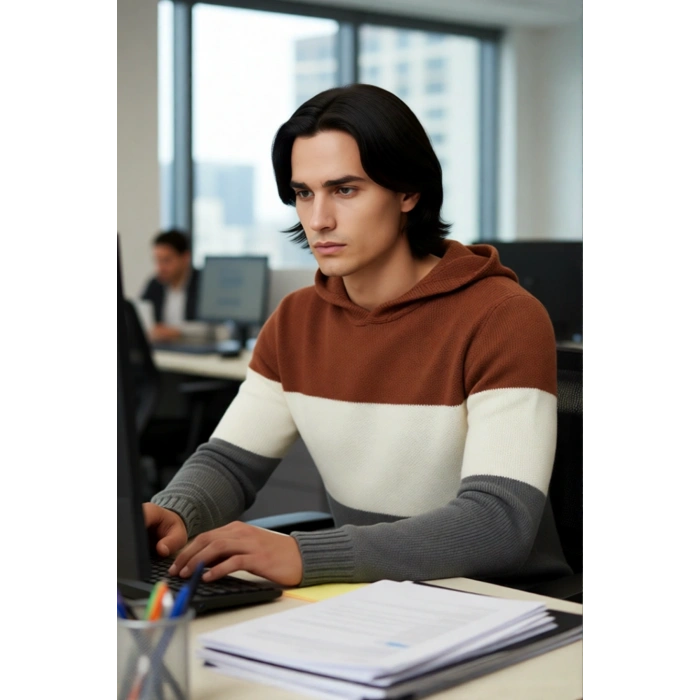 Erkek Regular Kesim Kapüşonlu Renk Bloklu Uzun Kollu Triko Kazak Soğuk Kış Günleri İçin İdeal