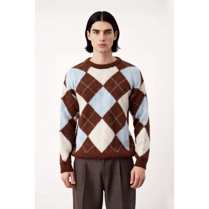 Erkek Regular Kesim Kışlık Bisiklet Yaka Ekose Desen Triko Kazak Soğuk Havalar İçin İdeal Şık ve