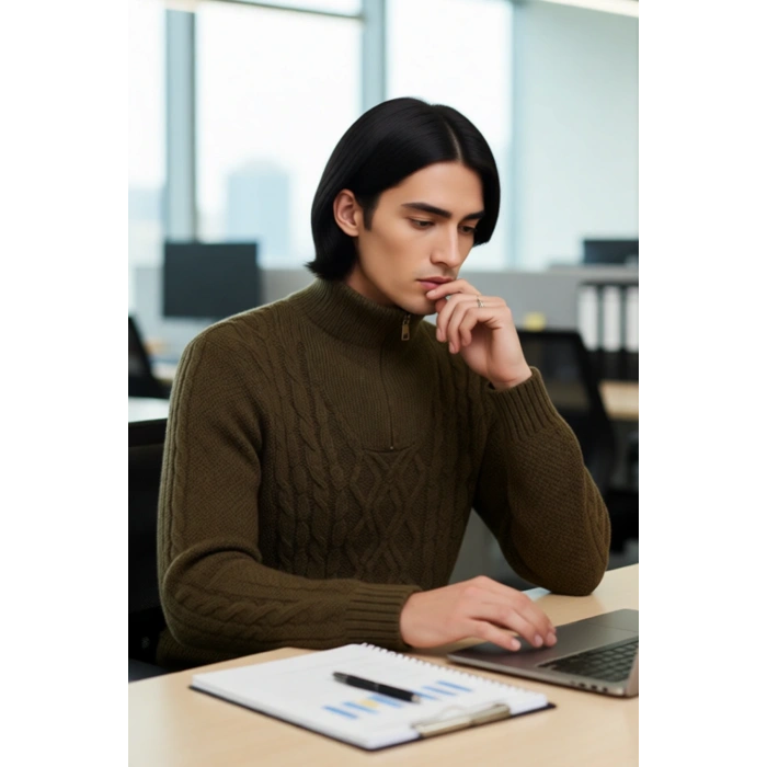 Erkek Regular Kesim Kışlık Triko Kazak Fermuarlı Dik Yaka Saç Örgü Uzun Kollu Rahat Kaliteli