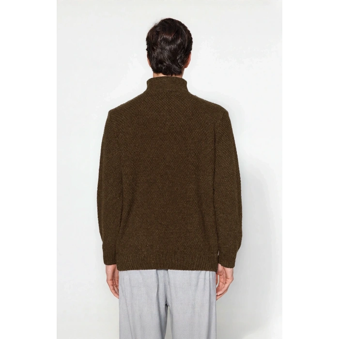 Erkek Regular Kesim Kışlık Triko Kazak Fermuarlı Dik Yaka Saç Örgü Uzun Kollu Rahat Kaliteli