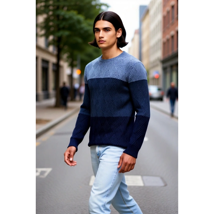 Erkek Regular Kesim Renk Bloklu Desenli Bisiklet Yaka Uzun Kollu Triko Kazak Şıklığı Kaliteli