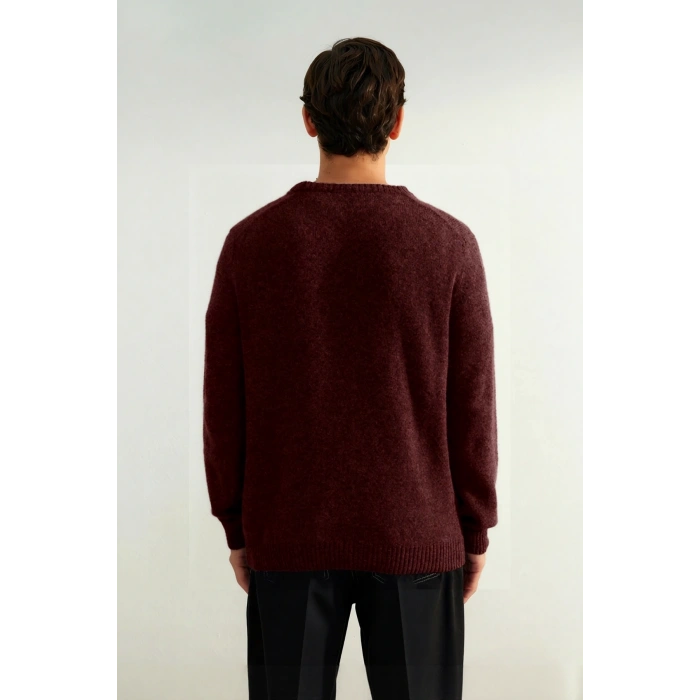 Erkek Regular Kesim Yünlü Bisiklet Yaka Uzun Kollu Bordo Düz Triko Kazak Günlük Kullanım İçin