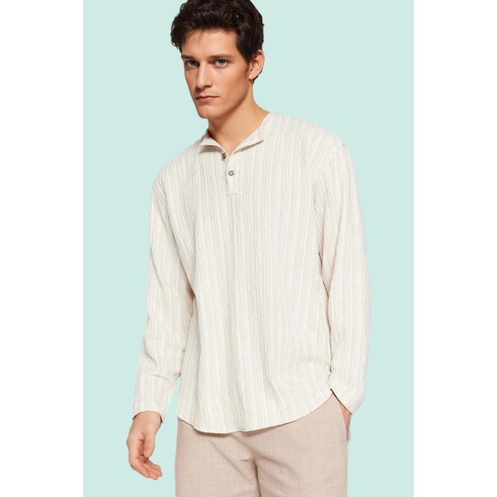 Erkek Relaxed Fit Keten Karışımlı Gömlek Bisiklet Yaka Düz Desen Casual Günlük Özel Günler