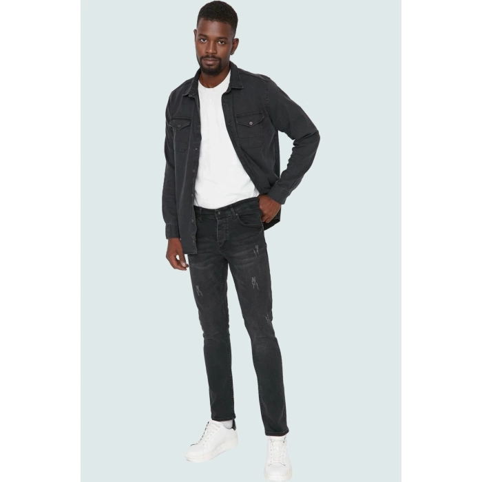 Erkek Skinny Jean; Yıpratmalı Denim Rahat Günlük Kullanım İçin Hafta Sonu Kaliteli Malzeme