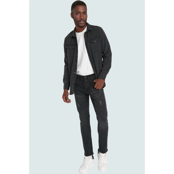 Erkek Skinny Jean; Yıpratmalı Denim Rahat Günlük Kullanım İçin Hafta Sonu Kaliteli Malzeme