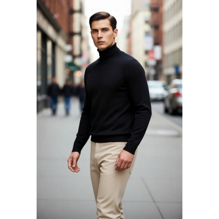 Erkek Slim Fit Balıkçı Yaka Akrilik Uzun Kollu Triko Kazak Günlük Ve Smart Stiller İçin Uygun