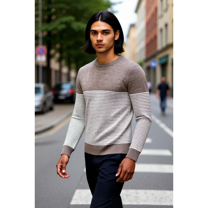 Erkek Slim Fit Bisiklet Yaka Çizgili Triko Kazak Kış Günleri İçin Modern ve Rahat Bir Seçenek