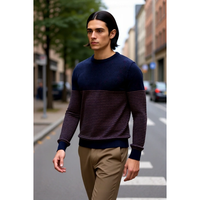 Erkek Slim Fit Bisiklet Yaka Çizgili Triko Kazak Kış Günleri İçin Modern ve Rahat Bir Seçenek