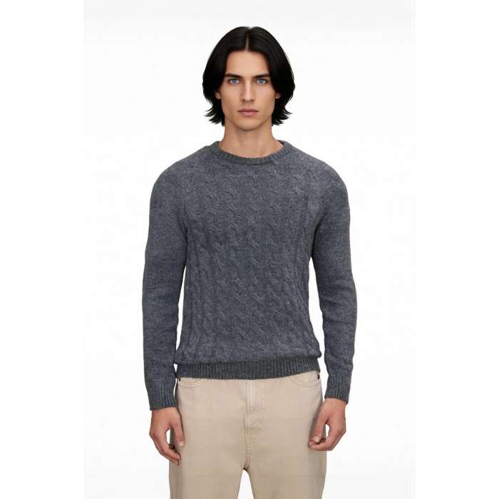 Erkek Slim Fit Bisiklet Yaka Saç Örgü Triko Kazak Kışlık Soğuk Hava Şıklığı İçin İdeal Kaliteli