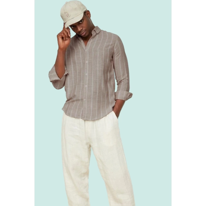 Erkek Slim Fit Çizgili Gömlek Pamuklu İş Ve Günlük Kullanım Hafta Sonu Yaz Aylarının Vazgeçilmezi