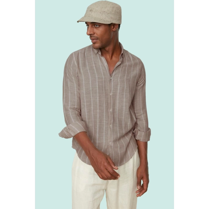 Erkek Slim Fit Çizgili Gömlek Pamuklu İş Ve Günlük Kullanım Hafta Sonu Yaz Aylarının Vazgeçilmezi