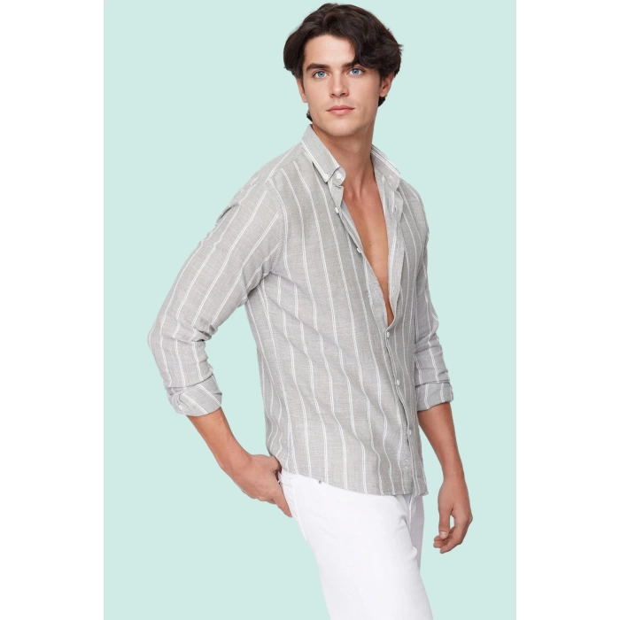 Erkek Slim Fit Çizgili Gömlek Pamuklu İş Ve Günlük Kullanım Hafta Sonu Yaz Aylarının Vazgeçilmezi