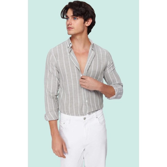 Erkek Slim Fit Çizgili Gömlek Pamuklu İş Ve Günlük Kullanım Hafta Sonu Yaz Aylarının Vazgeçilmezi