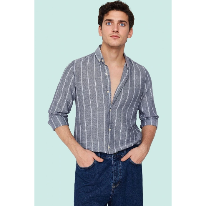 Erkek Slim Fit Çizgili Gömlek Pamuklu İş Ve Günlük Kullanım Hafta Sonu Yaz Aylarının Vazgeçilmezi