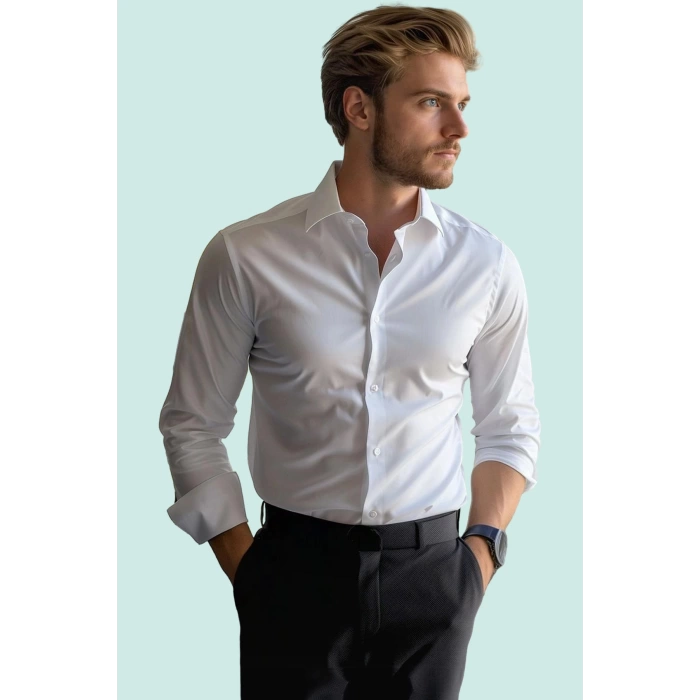 Erkek Slim Fit Gömlek Kolay Ütü Standart Kol Yaka Casual Günlük Kullanım Dayanıklı Malzeme