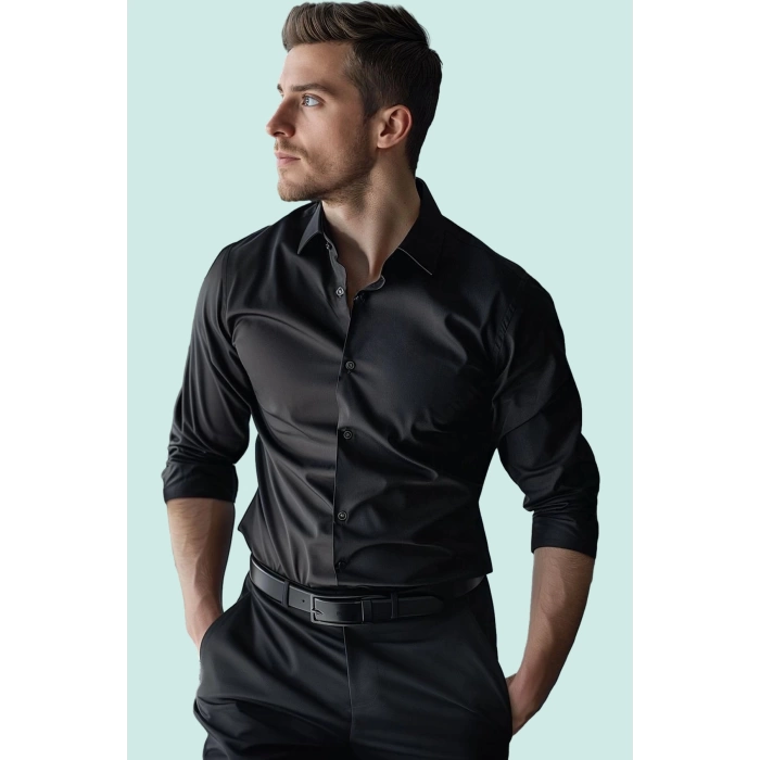 Erkek Slim Fit Gömlek Kolay Ütü Standart Kol Yaka Casual Günlük Kullanım Dayanıklı Malzeme