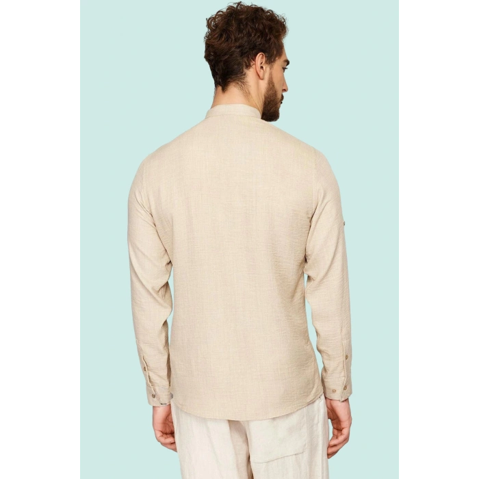 Erkek Slim Fit Hakim Yaka Keten Görünümlü Gömlek Basic Siluet Günlük Kullanım Modern Tasarım