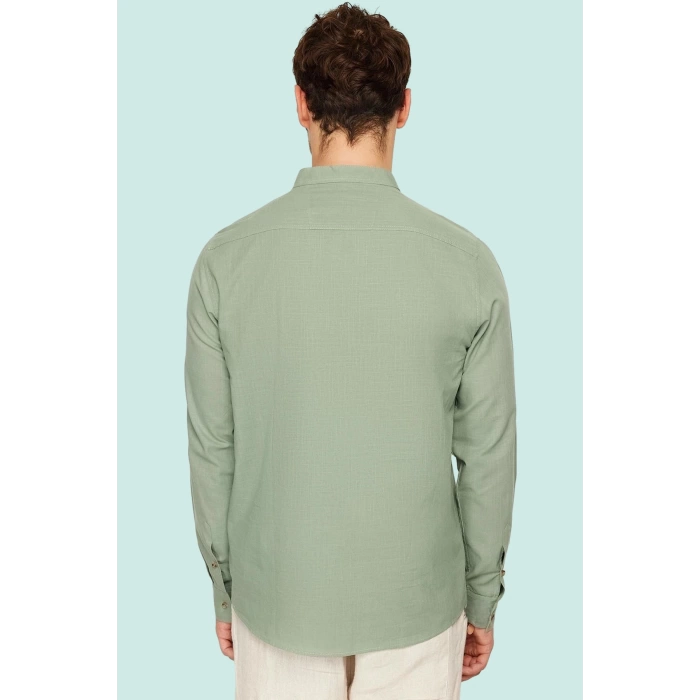 Erkek Slim Fit Hakim Yaka Pamuklu Keten Görünümlü Gömlek Günlük Kullanım Dayanıklı Malzeme