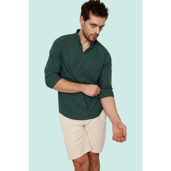 Erkek Slim Fit Hakim Yaka Pamuklu Keten Görünümlü Gömlek Günlük Kullanım Dayanıklı Malzeme