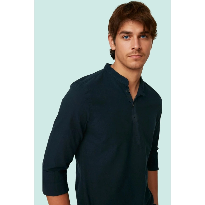 Erkek Slim Fit Hakim Yaka Pamuklu Keten Görünümlü Gömlek Günlük Kullanım Dayanıklı Malzeme