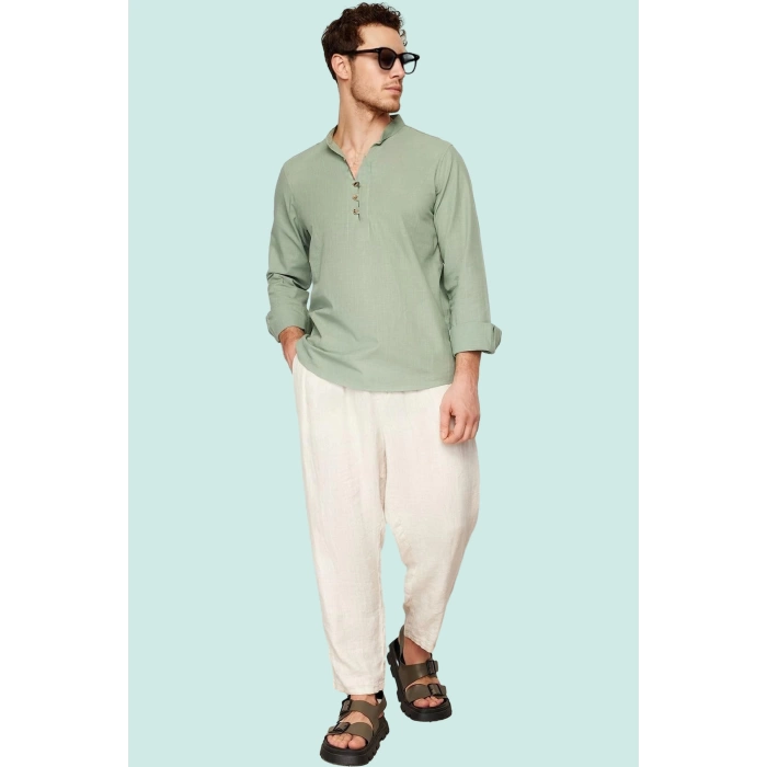 Erkek Slim Fit Hakim Yaka Pamuklu Keten Görünümlü Gömlek Günlük Kullanım Dayanıklı Malzeme