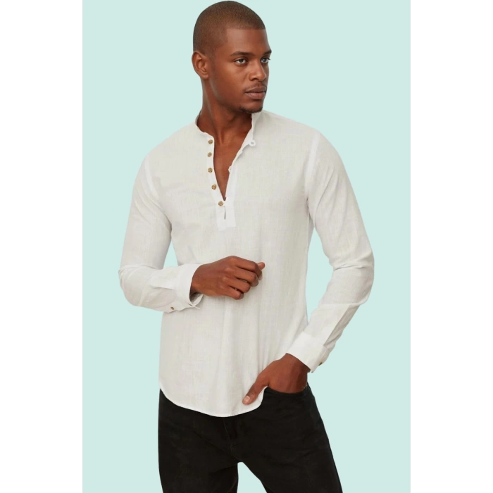 Erkek Slim Fit Hakim Yaka Pamuklu Keten Görünümlü Gömlek Günlük Kullanım Dayanıklı Malzeme