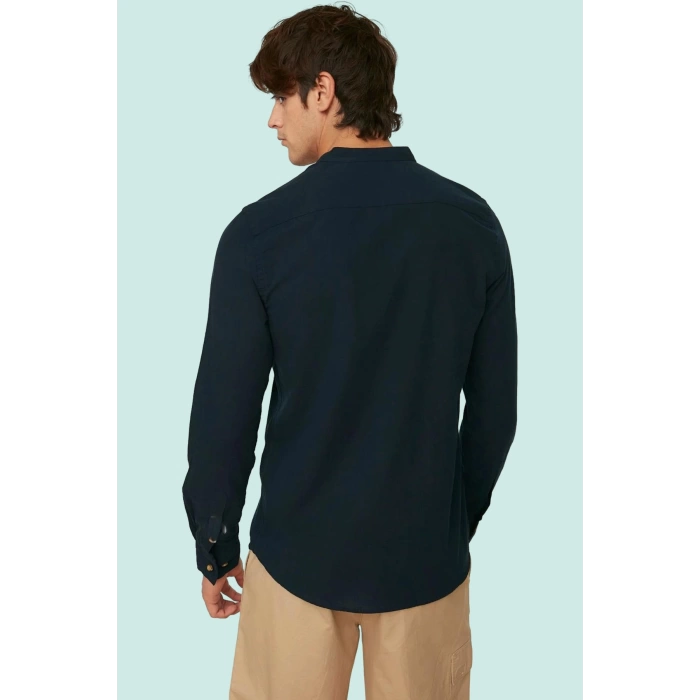 Erkek Slim Fit Hakim Yaka Pamuklu Keten Görünümlü Gömlek Günlük Kullanım Dayanıklı Malzeme