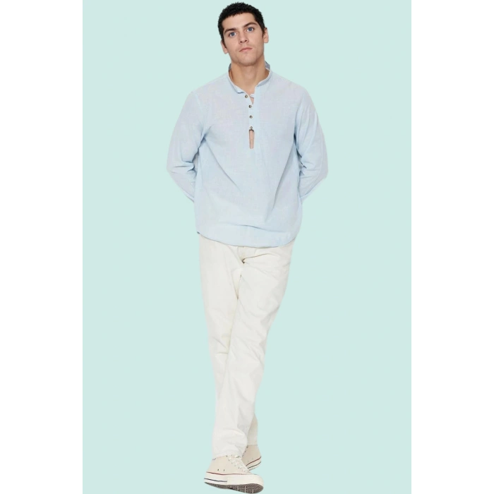 Erkek Slim Fit Hakim Yaka Pamuklu Keten Görünümlü Gömlek Günlük Kullanım Dayanıklı Malzeme