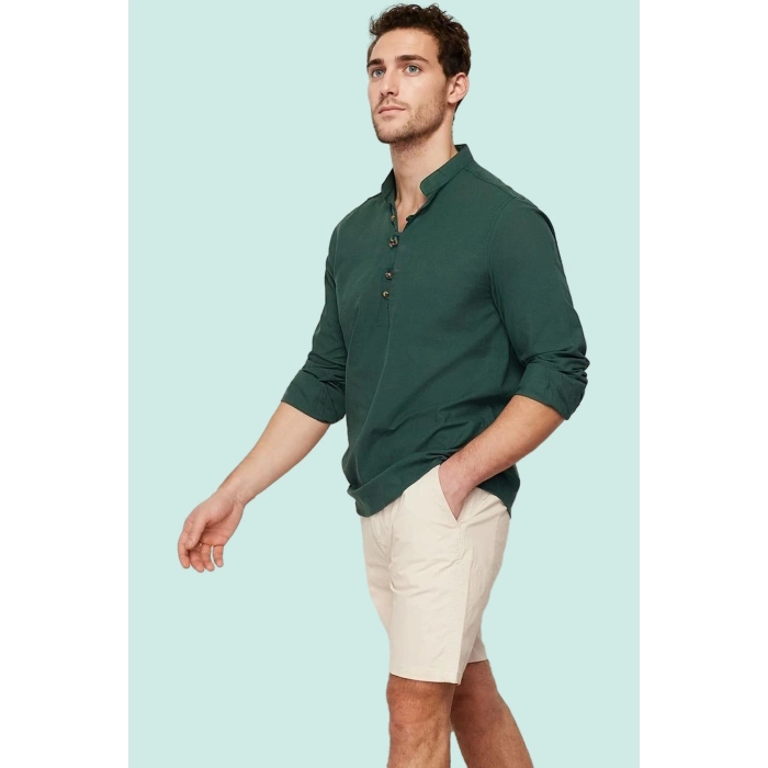Erkek Slim Fit Hakim Yaka Pamuklu Keten Görünümlü Gömlek Günlük Kullanım Dayanıklı Malzeme