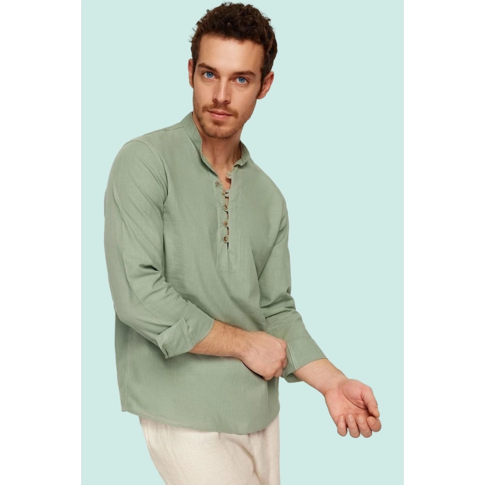 Erkek Slim Fit Hakim Yaka Pamuklu Keten Görünümlü Gömlek Günlük Kullanım Dayanıklı Malzeme
