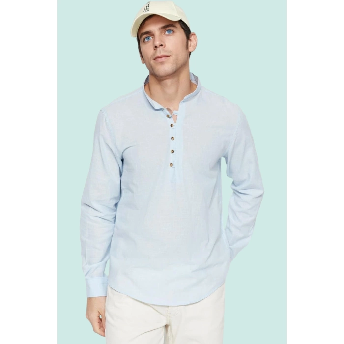 Erkek Slim Fit Hakim Yaka Pamuklu Keten Görünümlü Gömlek Günlük Kullanım Dayanıklı Malzeme