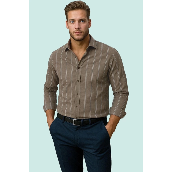 Erkek Slim Fit İnce Çizgili Gömlek Yaka Düğmeli Uzun Kollu Günlük Yaz Aylarının Vazgeçilmezi
