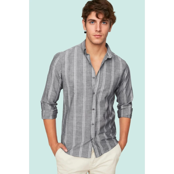 Erkek Slim Fit İnce Çizgili Gömlek Yaka Düğmeli Uzun Kollu Günlük Yaz Aylarının Vazgeçilmezi