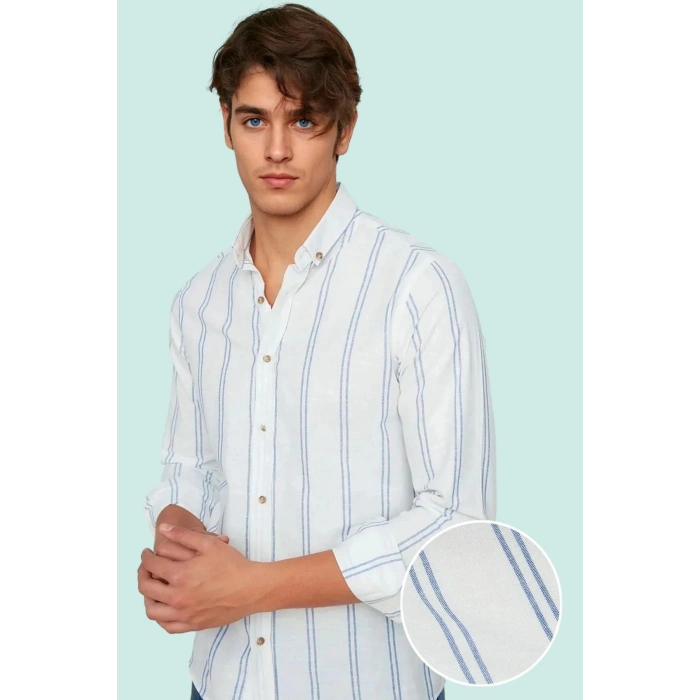 Erkek Slim Fit İnce Çizgili Gömlek Yaka Düğmeli Uzun Kollu Günlük Yaz Aylarının Vazgeçilmezi