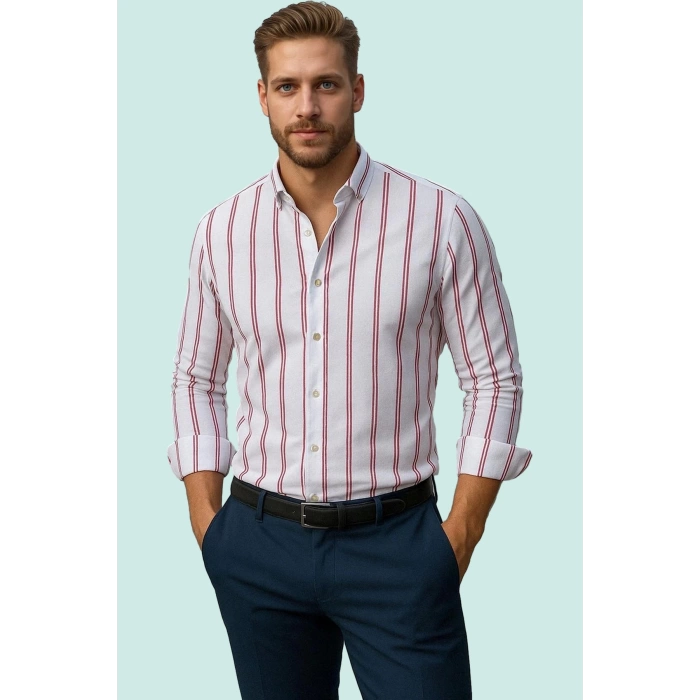 Erkek Slim Fit İnce Çizgili Gömlek Yaka Düğmeli Uzun Kollu Günlük Yaz Aylarının Vazgeçilmezi