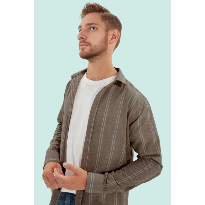 Erkek Slim Fit İnce Çizgili Gömlek Yaka Düğmeli Uzun Kollu Günlük Yaz Aylarının Vazgeçilmezi