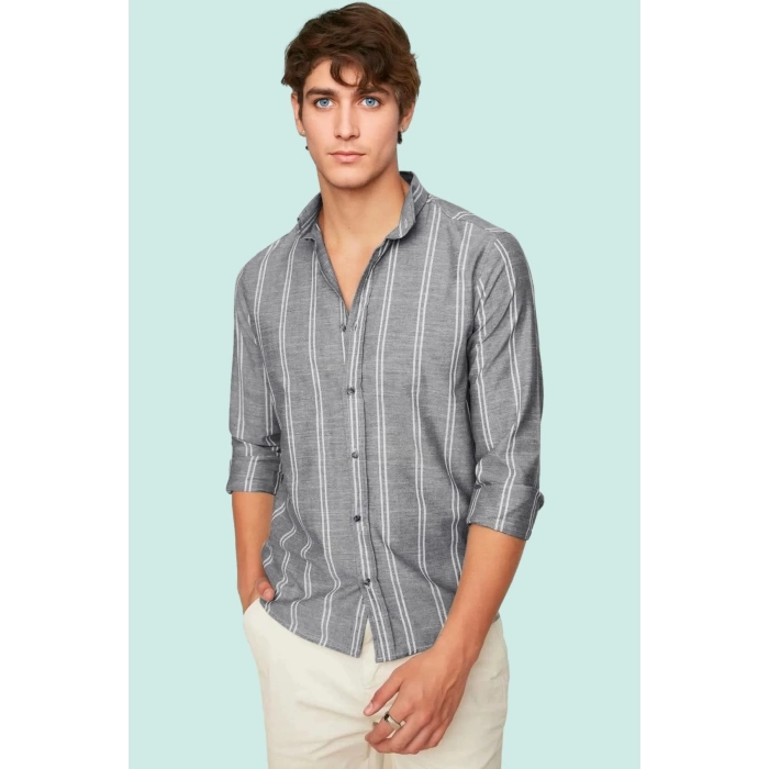 Erkek Slim Fit İnce Çizgili Gömlek Yaka Düğmeli Uzun Kollu Günlük Yaz Aylarının Vazgeçilmezi