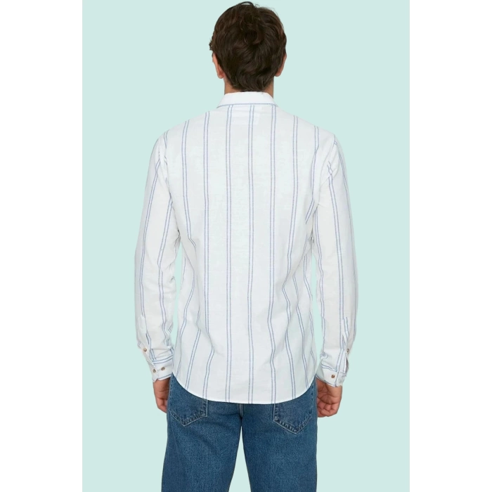 Erkek Slim Fit İnce Çizgili Gömlek Yaka Düğmeli Uzun Kollu Günlük Yaz Aylarının Vazgeçilmezi