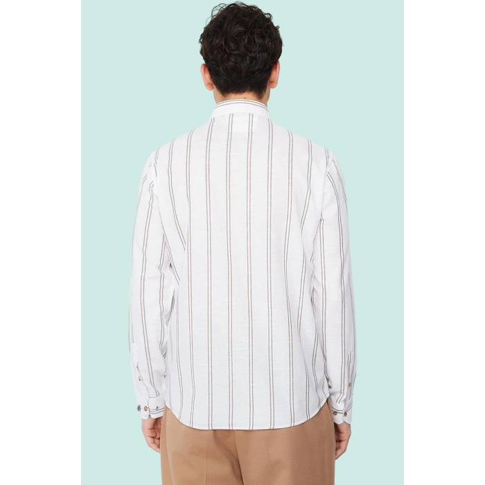 Erkek Slim Fit İnce Çizgili Gömlek Yaka Düğmeli Uzun Kollu Günlük Yaz Aylarının Vazgeçilmezi
